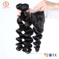 Grade 7A Natural Color Loose Wave Virgin Malaysian Hair Bundles With Lace Closure